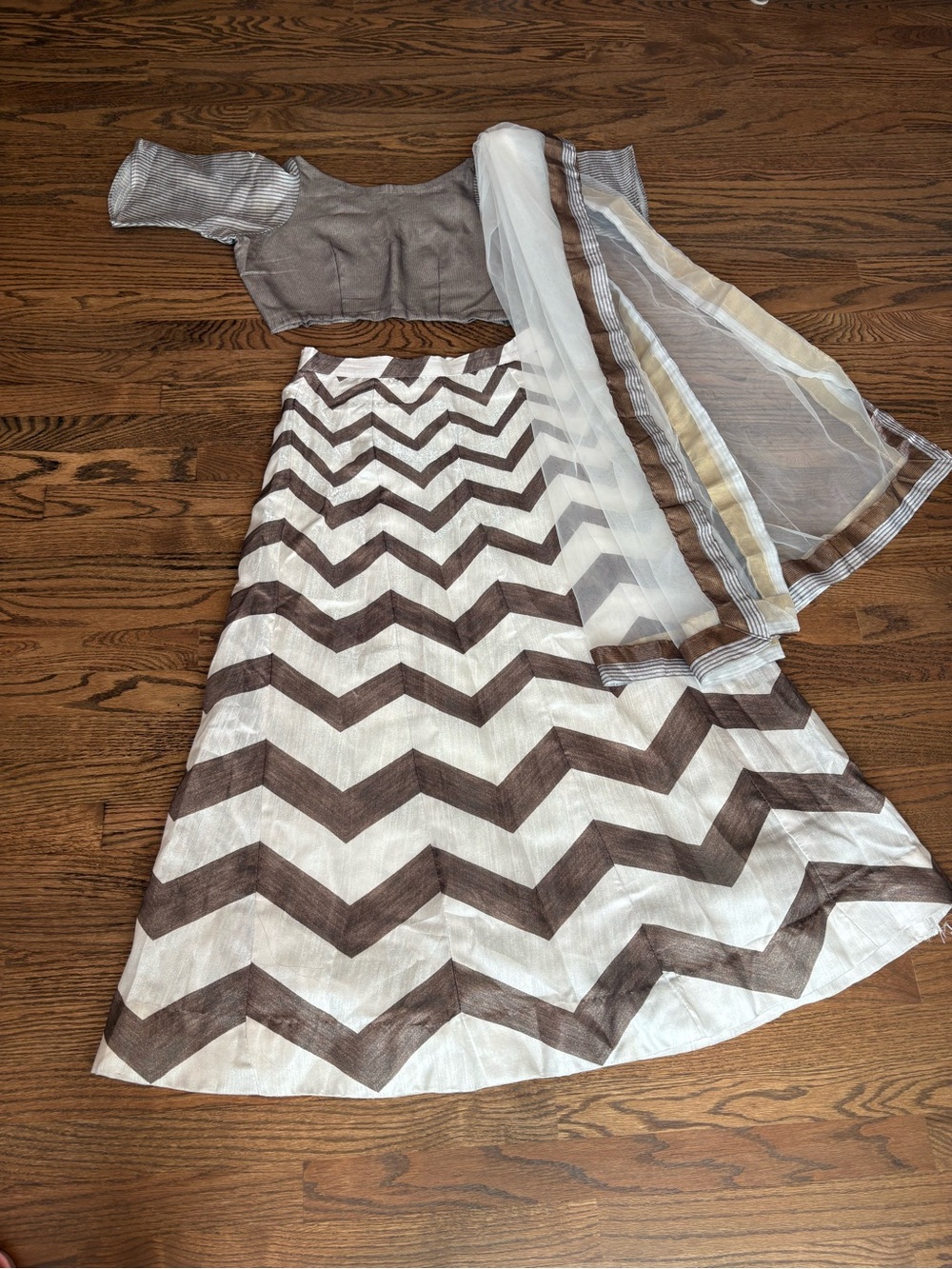 Brown and White Chevron Lehenga Set with Sheer Dupatta